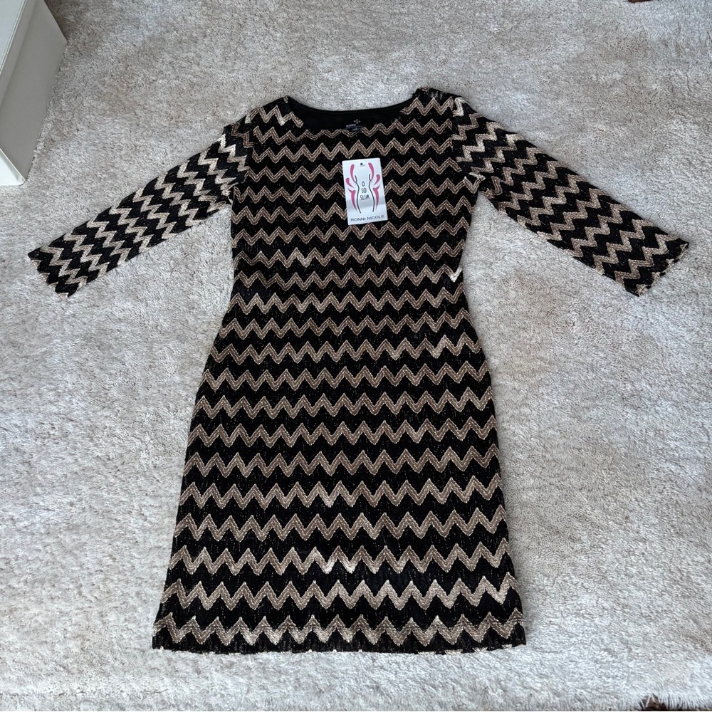 Ronni Nicole Lace Gold and Black Metallic Chevron Cocktail Dress